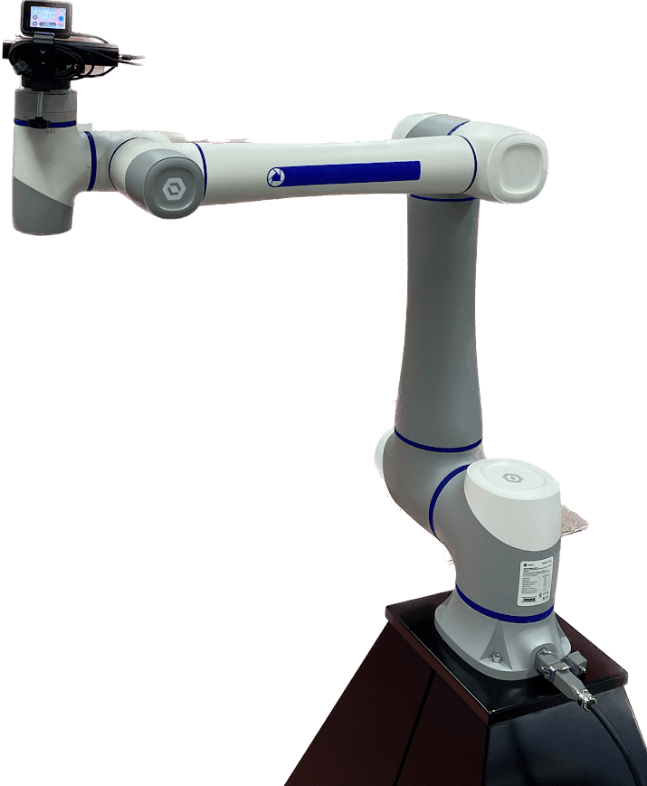 Industrial robotic arm mounted on a black base, featuring a screen on its end.